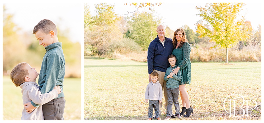 family of 4 smiling during fall mini session in Sterling, VA, taken by TuBelle Photography, a Northern VA family photographer
