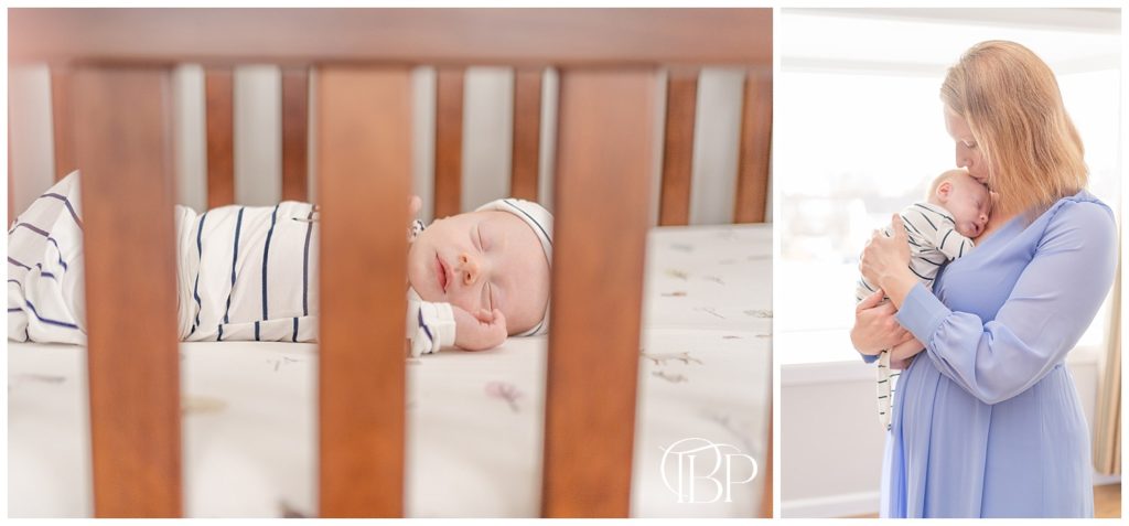 Mom holding newborn baby boy, kissing him on the head and newborn baby boy sleeping in his crib for his in home newborn session in Reston, VA. Taken by TuBelle Photography, a Northern Virginia newborn photographer.