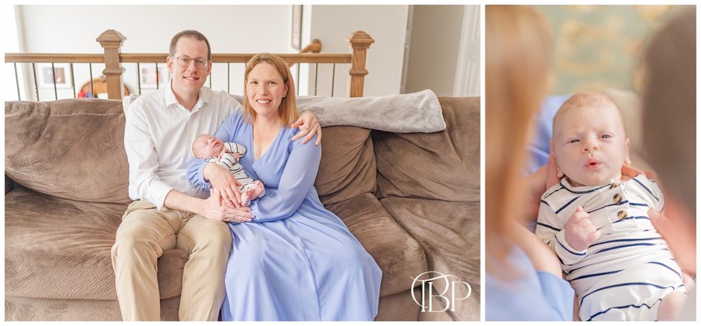 Mom and dad holding newborn baby boy on the couch and close up of baby boy with his eyes open for their in home newborn pictures in Reston, Virginia. Taken by TuBelle Photography, a Reston, VA newborn photographer.