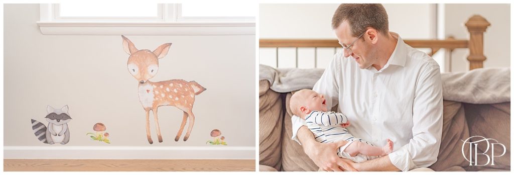 Dad holding newborn baby boy on the couch and detail shot of woodland animal wall decals for their in home newborn photos in Reston, VA. Taken by TuBelle Photography, a Fairfax County, Virginia newborn photographer.