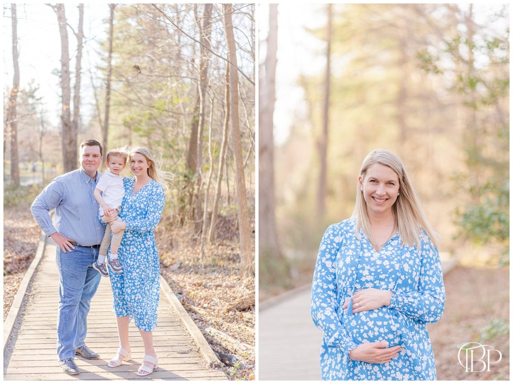 Expecting mom holding her baby bump and smiling at the camera and mom and dad smiling together for their maternity session in Alexandria, Virginia. Taken by TuBelle Photography, a Fairfax County, VA maternity photographer.