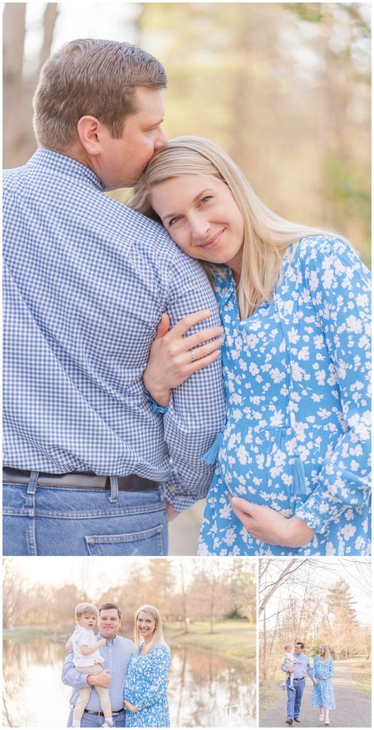 Dad holding son and walking with expectant mother in blue floral dress for their maternity photos in Alexandria, Virginia. Taken by TuBelle Photography, a Fairfax County, VA maternity photographer.