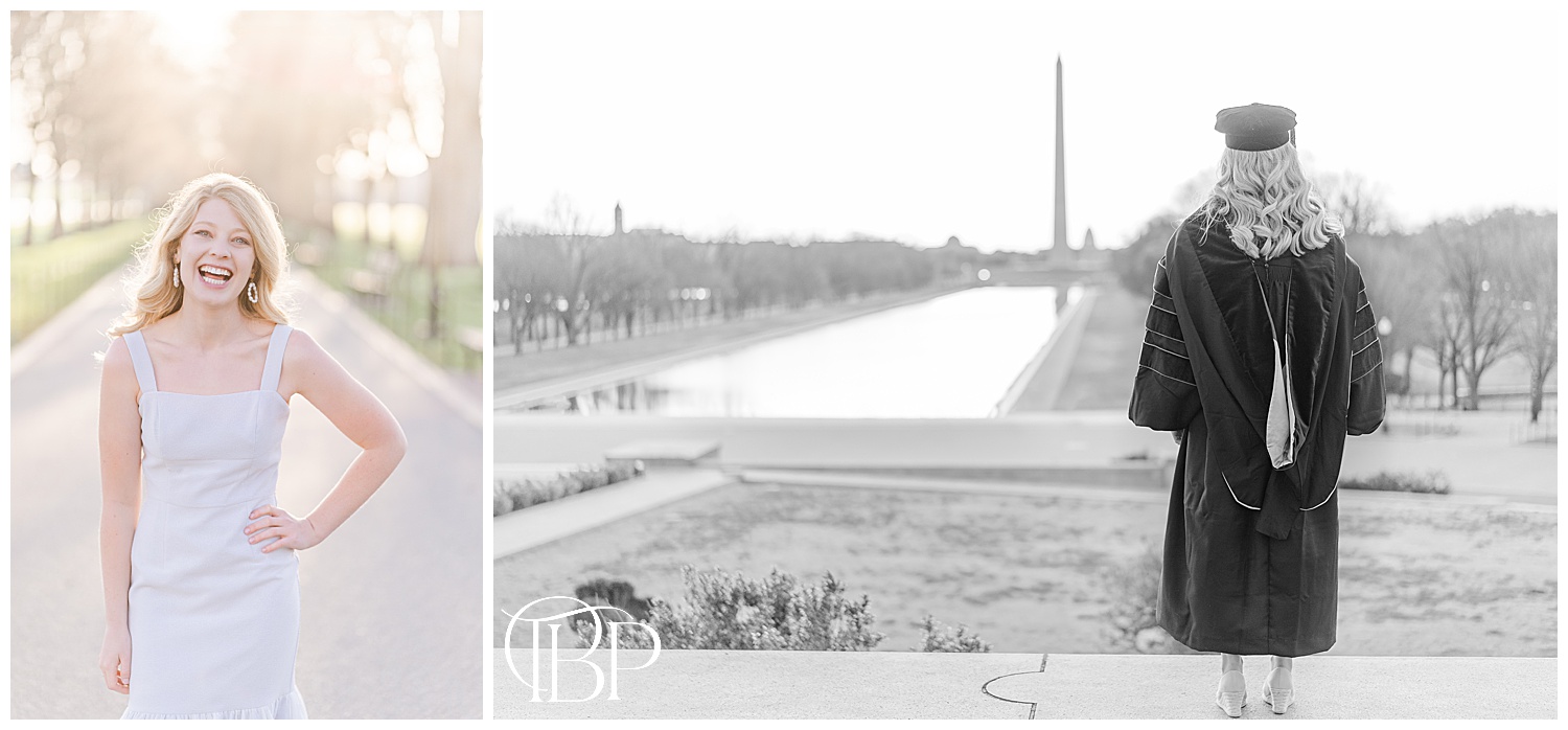 A senior girl posing with hand on her hip and black and white photo of senior looking at Washington Monument for her senior photos in DC taken by TuBelle Photography, a DMV Senior Photographer.