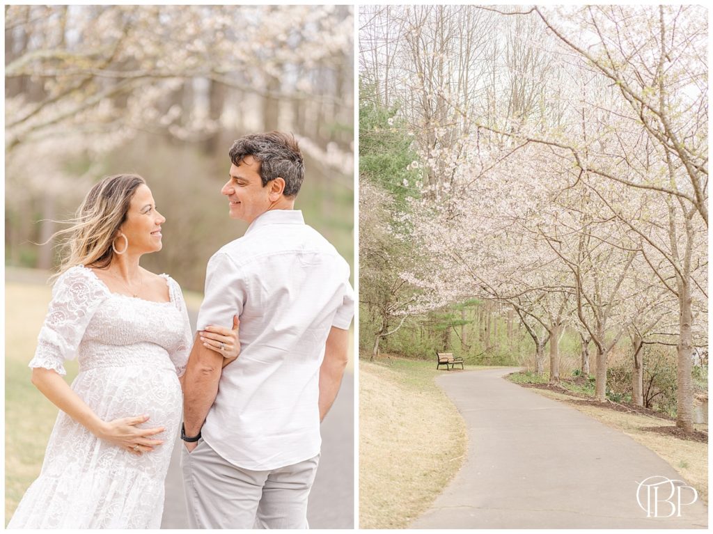 Expecting mom looks into dad's eyes as she holds her baby bump for their maternity pictures at Meadowlark Botanical Gardens in Vienna, VA. Taken by TuBelle Photography, a Vienna, Virginia maternity photographer.