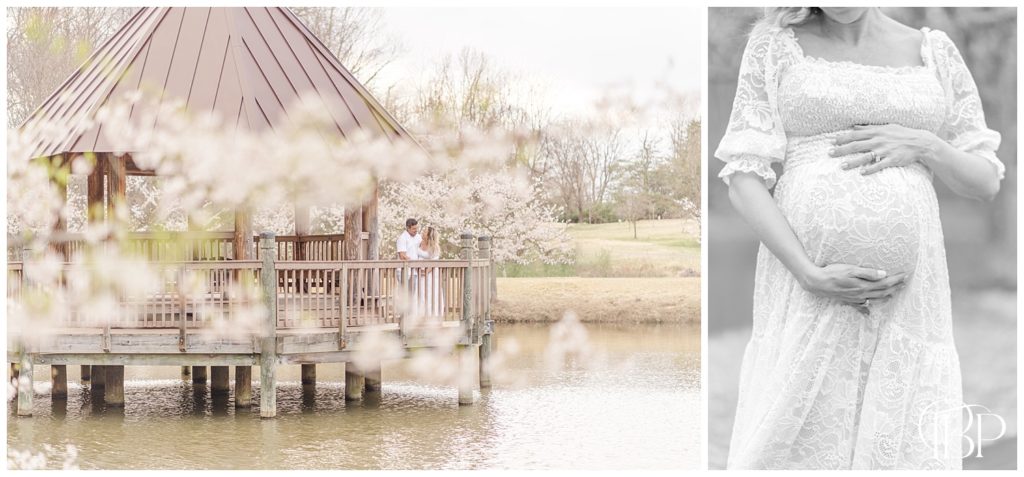 Close up black and white shot of mom holding her baby bump and mom and dad on dock by the water for their maternity session at Meadowlark Botanical Gardens in Vienna, Virginia. Taken by TuBelle Photography, a NoVa maternity photographer.
