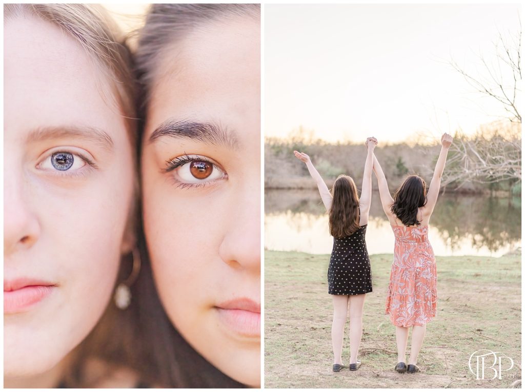 Senior girl holding hands with her best friend for her Claude Moore Park senior portraits taken by TuBelle Photography, a Northern Virginia Senior Photographer.