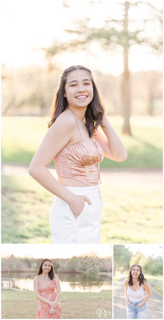 Senior girl posing with her hands in her pockets and smiling for her Claude Moore Park senior pictures taken by TuBelle Photography, a Loudon County, VA Senior Photographer.