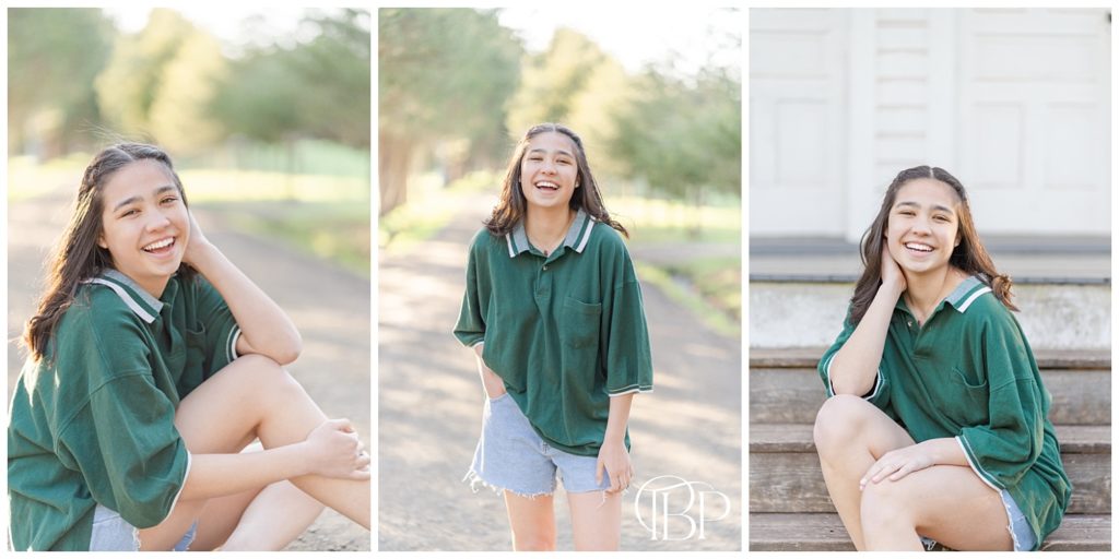 Senior girl in green shirt laughing and posing for her Claude Moore Park senior portraits taken by TuBelle Photography, a Loudon County, Virginia Senior Photographer.