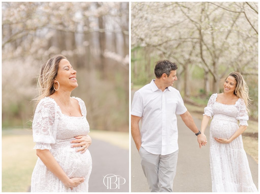 Close up shot of mom holding her baby bump and mom and dad holding hands for their maternity pictures at Meadowlark Botanical Gardens in Vienna, VA. Taken by TuBelle Photography, a Fairfax County, Virginia maternity photographer.