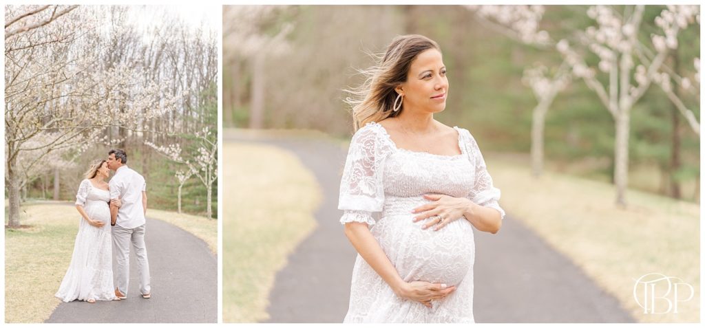 Dad kissing expecting mom on forehead and mom standing alone, holding her baby bump for their maternity photos at Meadowlark Botanical Gardens in Vienna, Virginia. Taken by TuBelle Photography, a NoVa maternity photographer.