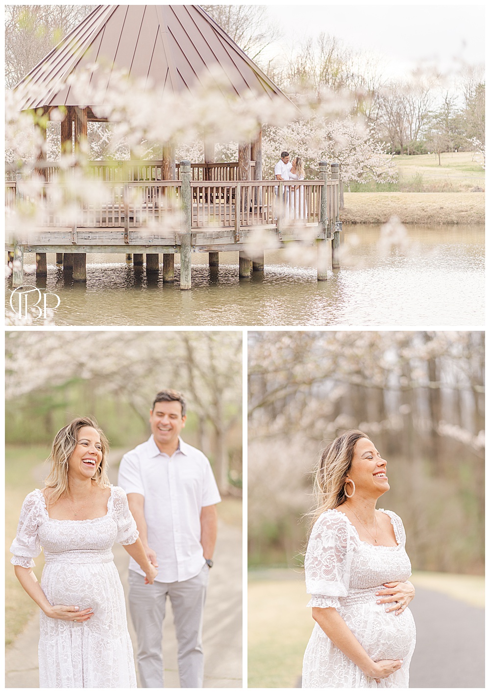 Expecting mom and dad hold hands at Meadowlark Botanical Gardens in Vienna, Virginia for their maternity photos. Taken by TuBelle Photography, a Fairfax County, VA maternity photographer.