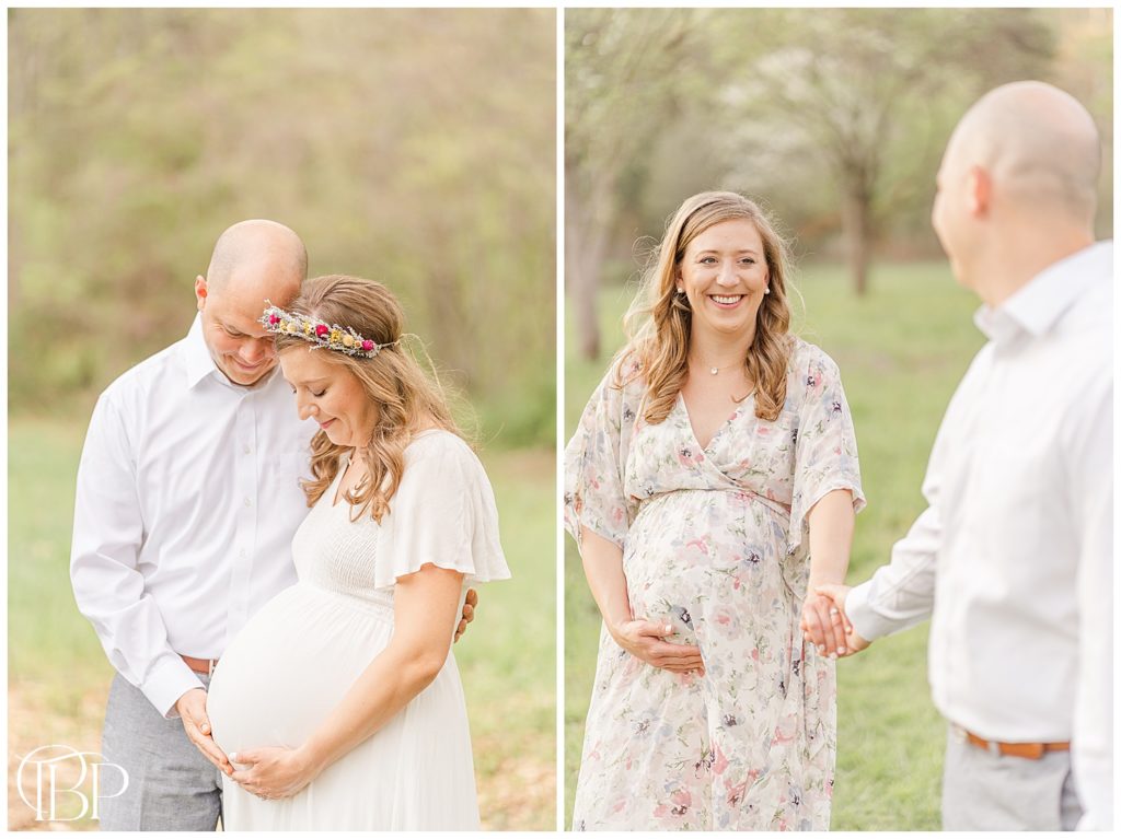 Expecting couple peacefully looking at mom's belly during their maternity session in Chantilly, VA, taken by TuBelle Photography, a Northern Virginia maternity photographer