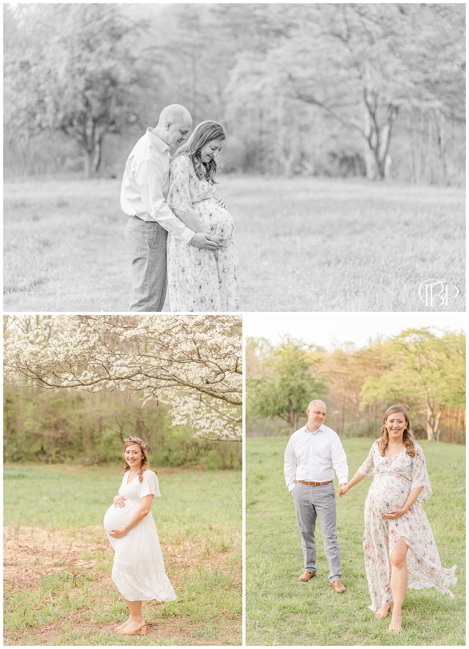 Expecting mom and dad holding hands in the park for their Chantilly, Virginia maternity pictures taken by TuBelle Photography, a Virginia maternity photographer.