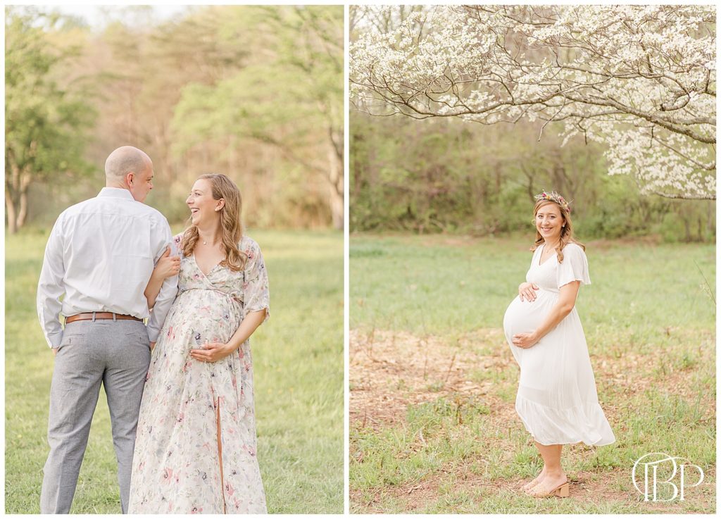 Expecting mom under a cherry tree holding her belly during her maternity photos in Fairfax County, VA, taken by TuBelle Photography, a NoVa maternity photographer
