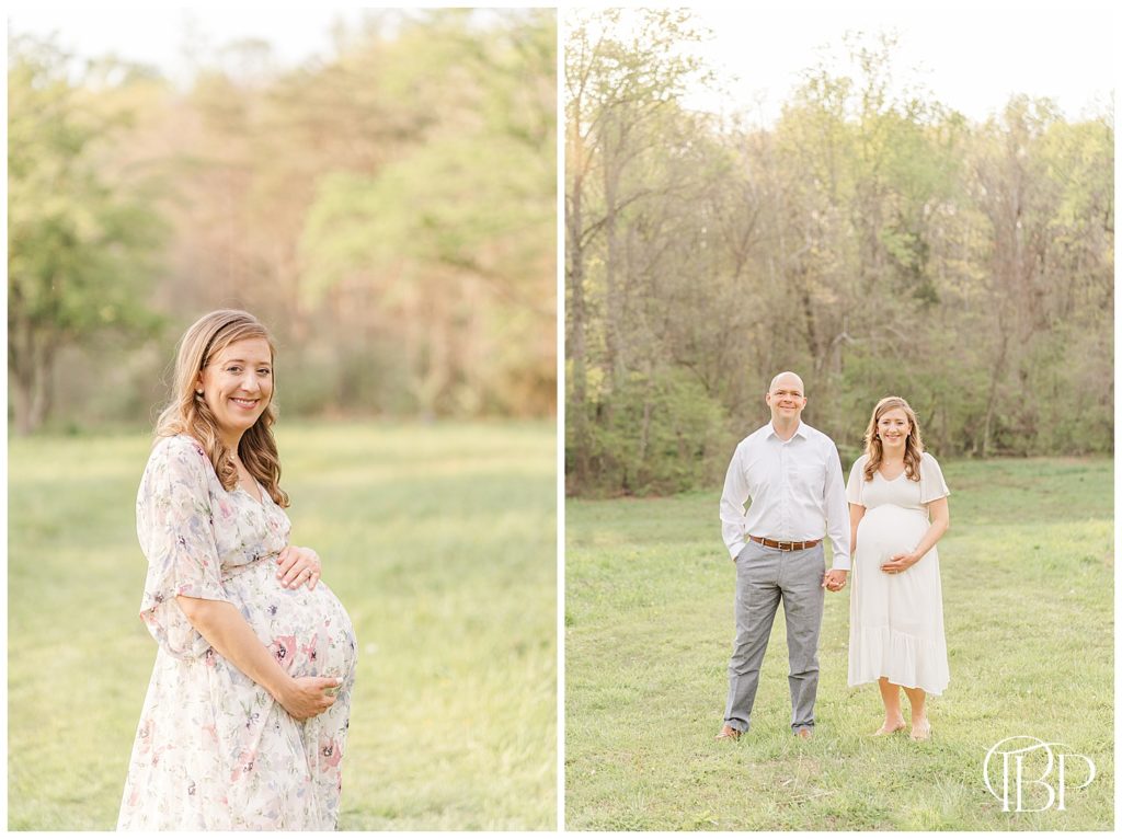 Expecting parents holding hands smiling during their Fairfax County, Virginia maternity photos, taken by TuBelle Photography, a Chantilly, Virginia maternity photographer
