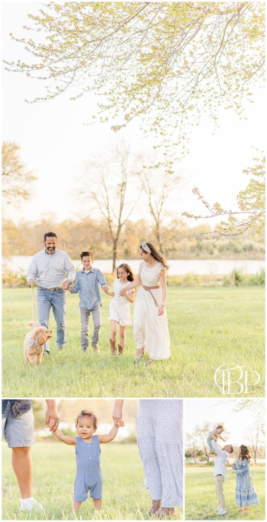 Families in blue pose at the park for their Haymarket, Virginia spring mini sessions taken by TuBelle Photography.