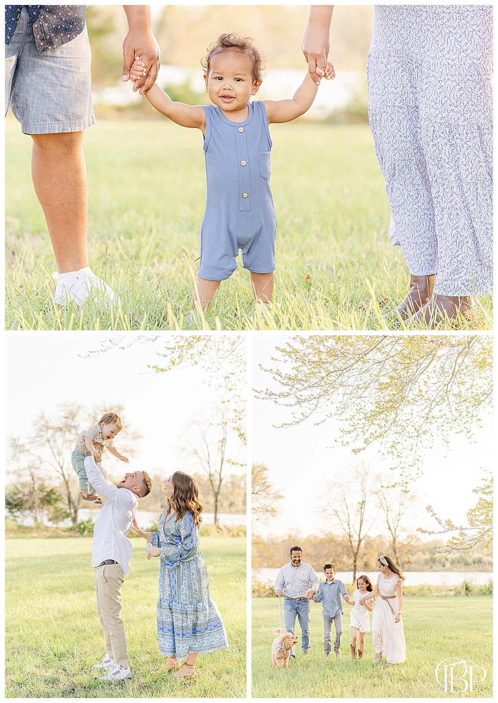 Families in blue at the park for their Haymarket, Virginia spring mini sessions taken by TuBelle Photography.