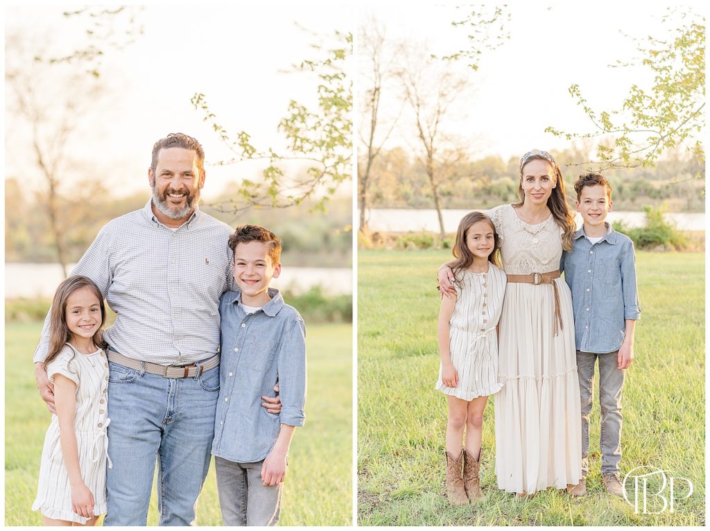 Son and daughter pose with mom and dad for their spring minis in Haymarket, VA taken by TuBelle Photography.