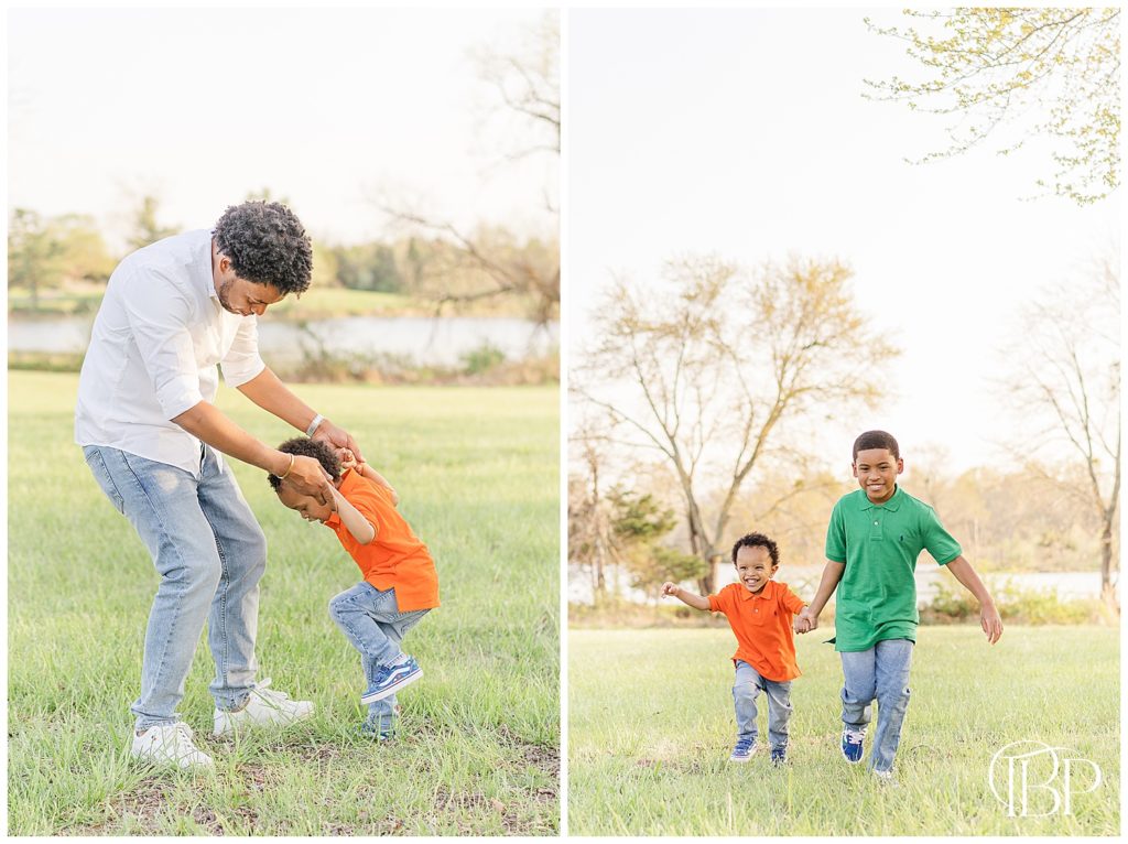 Dad swinging young son by the arms for their spring mini session in Haymarket, VA taken by TuBelle Photography.