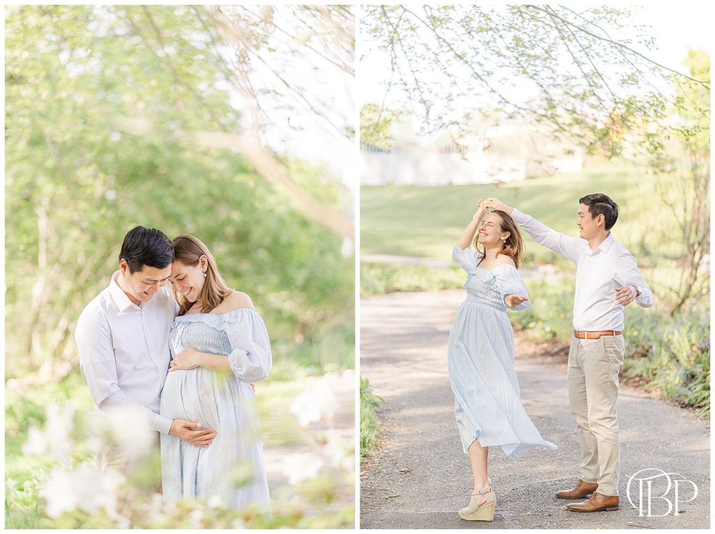 Dad dancing with expecting mom for their maternity portraits at Meadowlark Botanical Gardens in Fairfax County, Virginia taken by TuBelle Photography, a Vienna, VA maternity photographer.