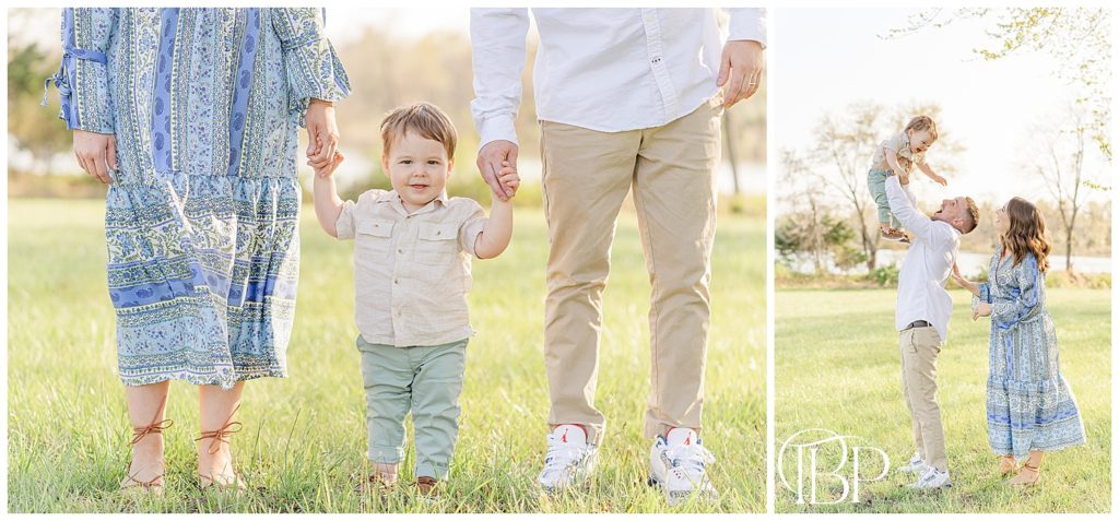 Family of three holding hands for Haymarket, Virginia spring mini sessions taken by TuBelle Photography.