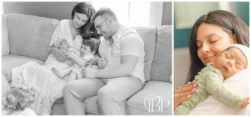 Black and white photo of family of four snuggling on the couch with newborn baby boy and Mom snuggling newborn on her shoulder for their newborn photography at their living room in Fairfax County, Virginia. Taken by TuBelle Photography, a Newborn Photographer.