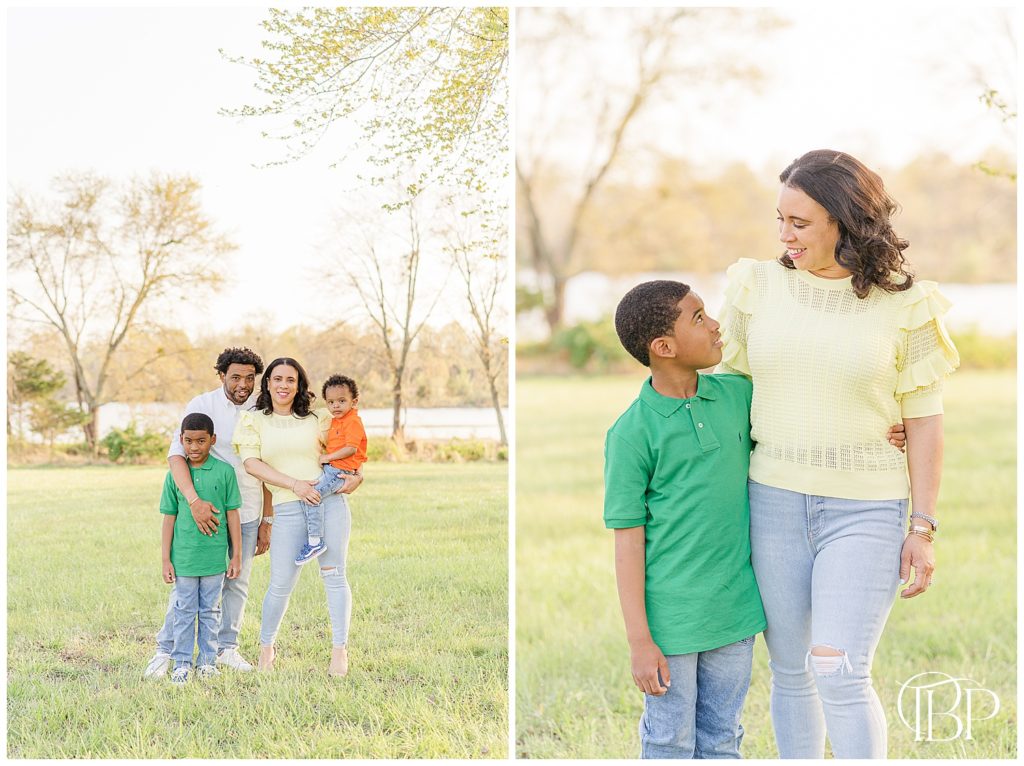 Mom looking down at son smiling at her for their spring mini sessions in Prince William County, Virginia taken by TuBelle Photography.