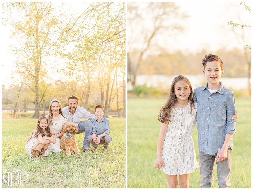 Family of four pose with their dog in the park for their spring mini sessions in Prince William County, Virginia taken by TuBelle Photography.