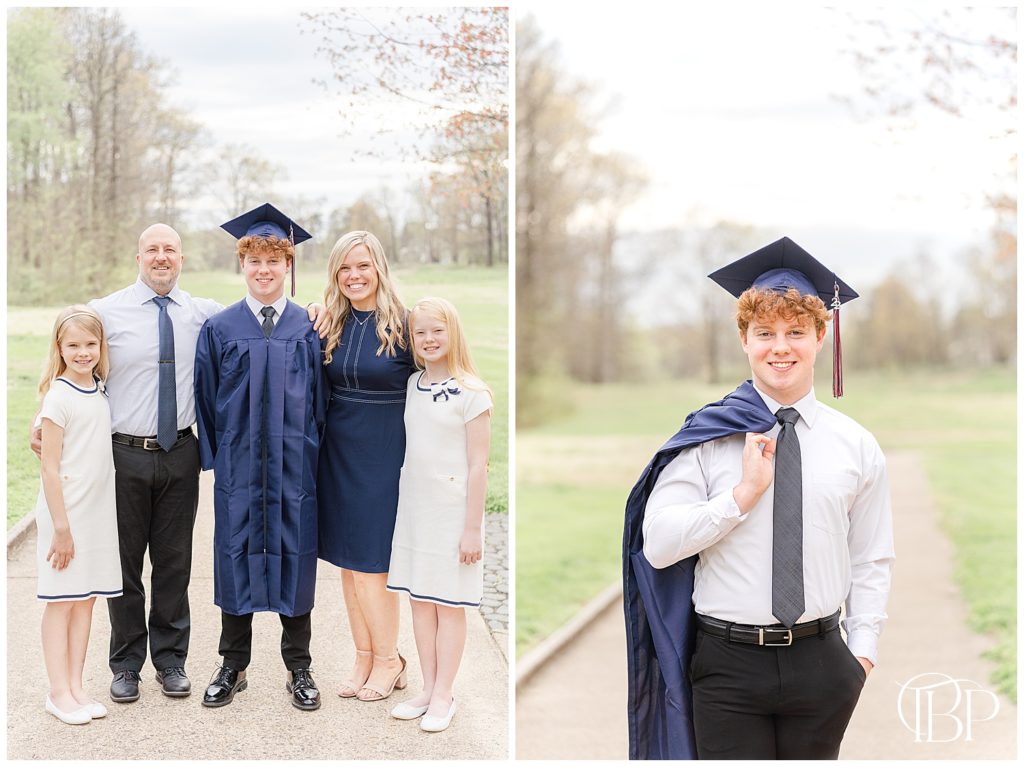 Family of five pose with senior son wearing cap and gown for their Prince William County, VA spring minis taken by TuBelle Photography.