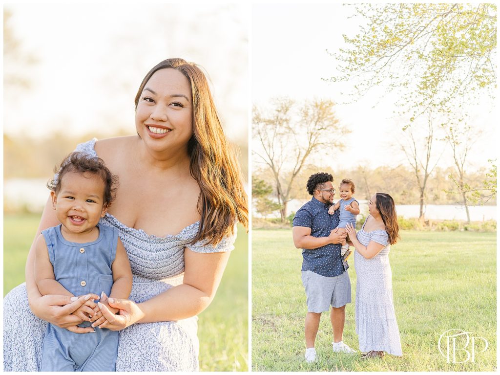 Mom holding baby boy in blue for their Prince William County, Virginia spring minis taken by TuBelle Photography.