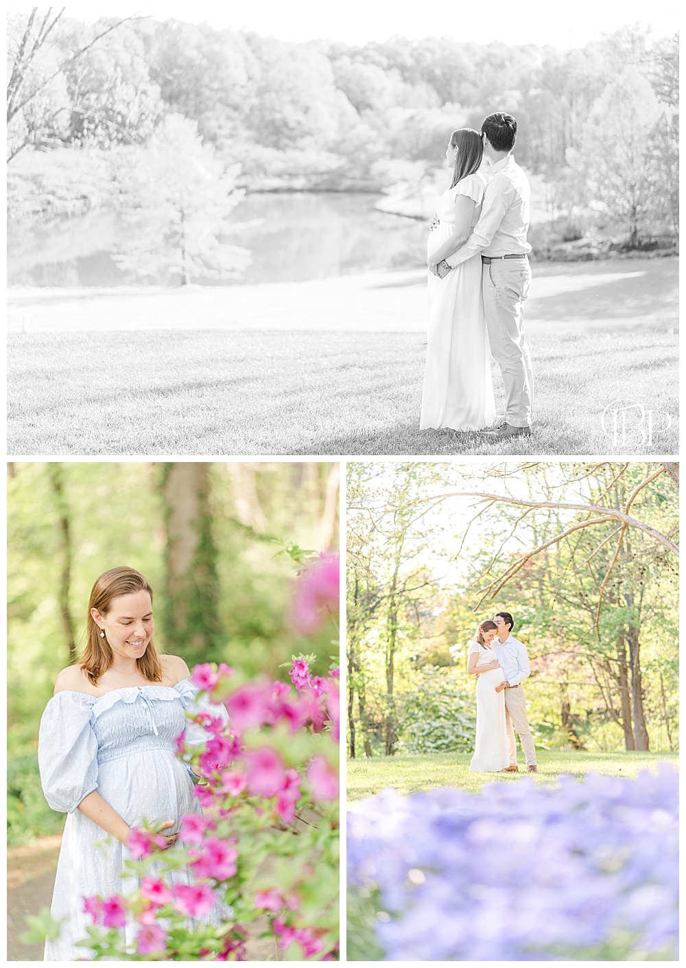 An expecting mom holding her baby bump surrounded by tons of flowers for her maternity pictures by TuBelle Photography, a NoVa maternity photographer.
