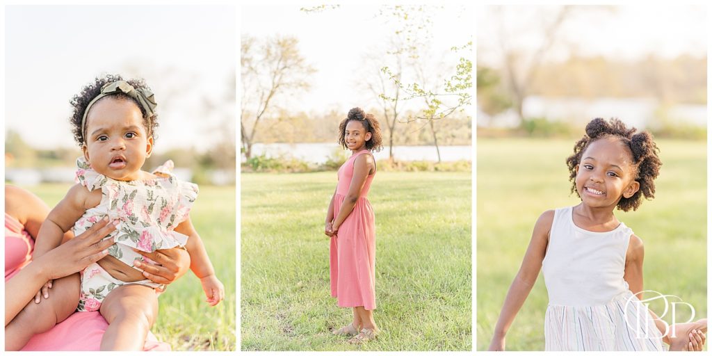 3 little girls looking at the camera during their Haymarket, VA spring mini session taken by TuBelle Photography, a family photographer