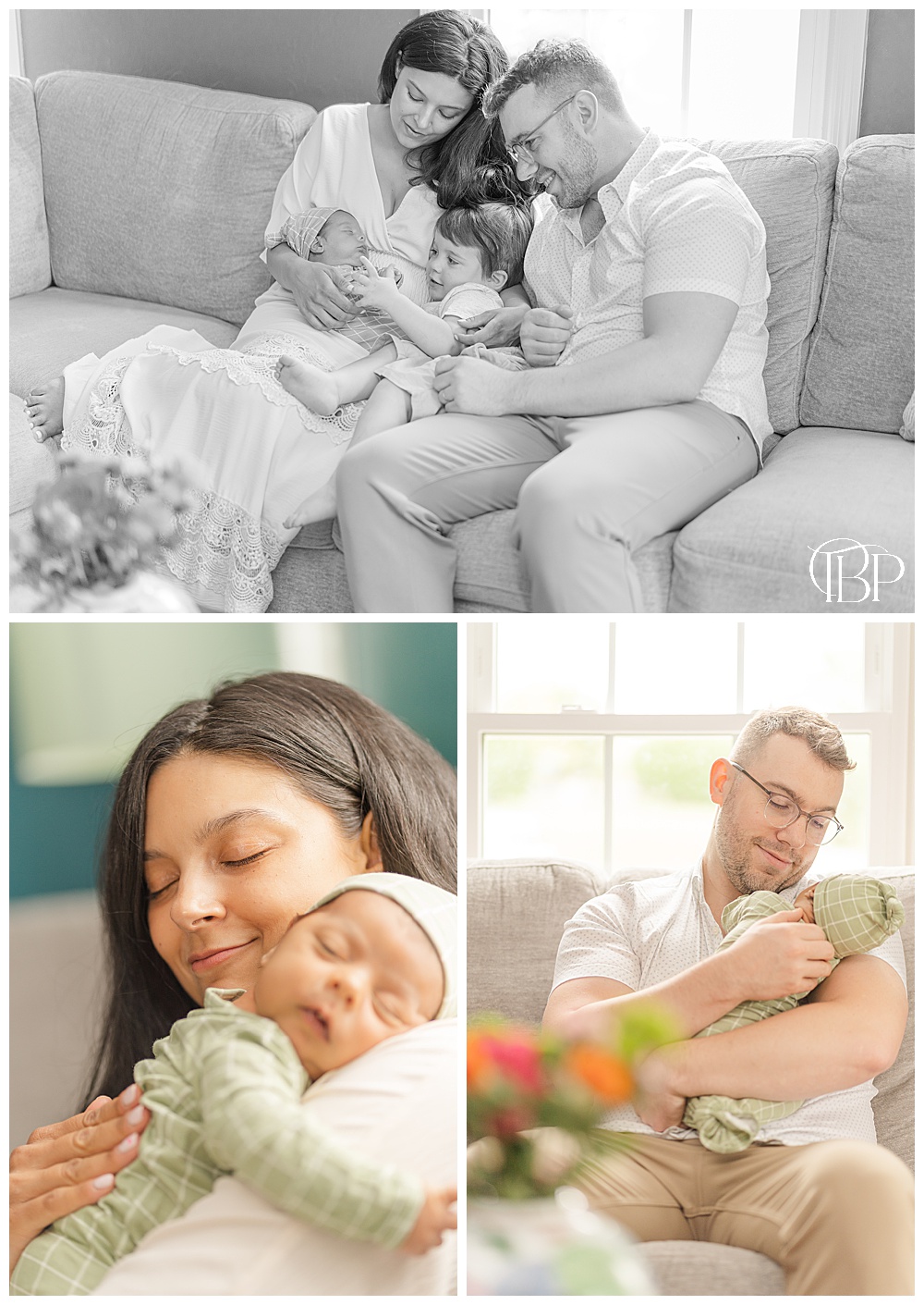 Mom, Dad and Big Brother huddle around newborn baby boy for their living room newborn photography session in Fairfax County, Virginia. Taken by TuBelle Photography, a Virginia Newborn Photographer.