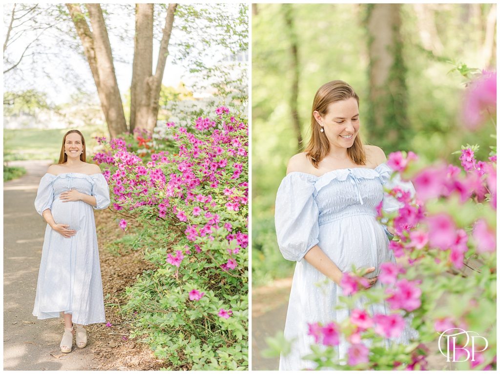 Expecting mom standing by bright floral blooms for her maternity session at Meadowlark Botanical Gardens in Vienna, Virginia taken by TuBelle Photography, a Fairfax County, VA maternity photographer.