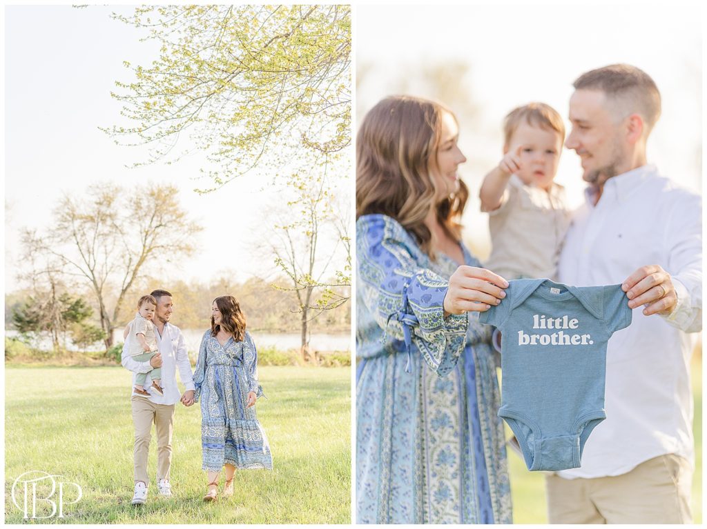 Pregnancy announcement for a family of 3 during their Prince William County, VA spring minis taken by TuBelle Photography.