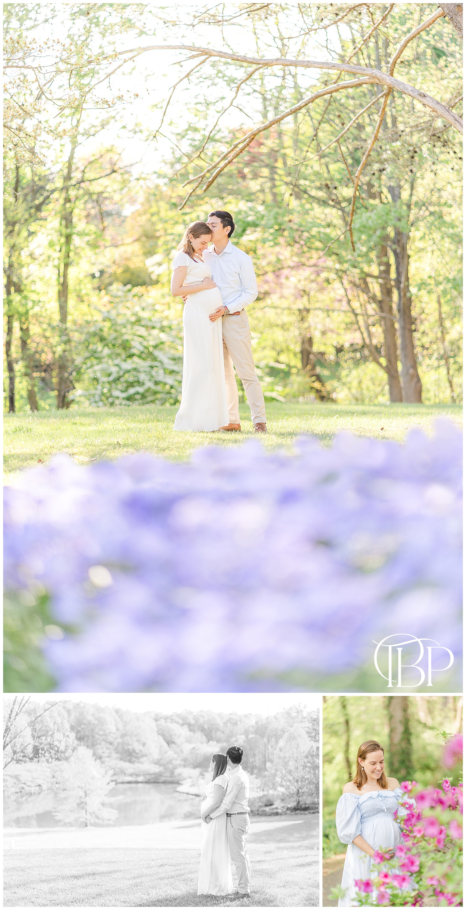 An expecting mom holding her baby bump surrounded by tons of flowers for her maternity pictures by TuBelle Photography, a Vienna, VA maternity photographer.