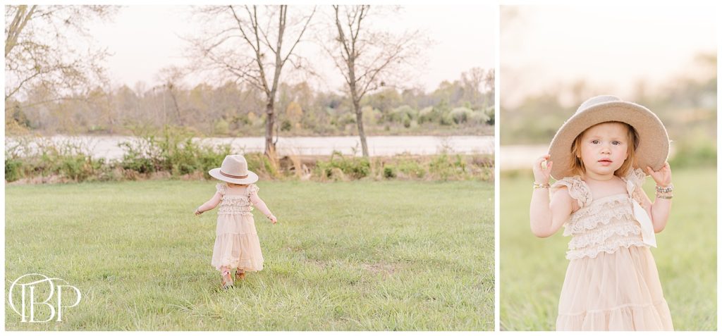 Little girl wearing mommy's hat exploring the park during spring minis in Prince William County, Virginia taken by TuBelle Photography, a family photographer