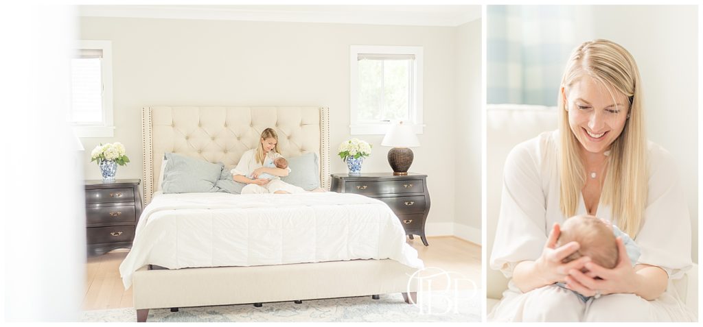 Mom sitting on bed in master bedroom looking down at newborn baby boy for their lifestyle newborn pictures in Alexandria, VA taken by TuBelle Photography.