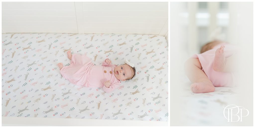 Baby girl's feet lying in her crib for lifestyle newborn photography in Centerville, VA taken by TuBelle Photography.