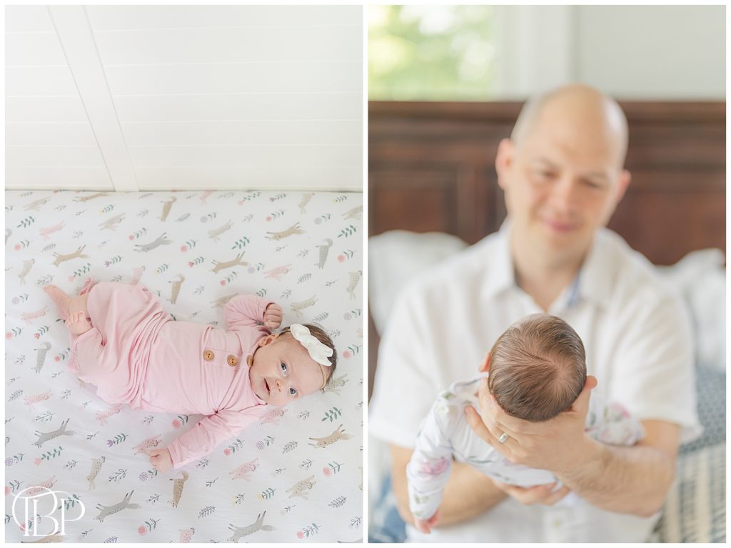 Dad looking at baby girl for their lifestyle newborn session in Centerville, VA taken by TuBelle Photography.