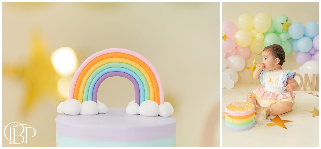Rainbow cake and cake topper for a rainbow themed cake smash photography session in Fairfax County, Virginia. Taken by TuBelle Photography, a cake smash photographer.