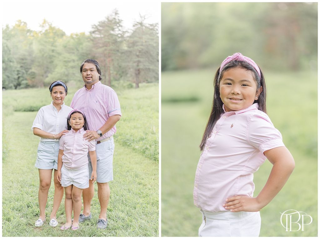 Family of three and daughter with hands on her hips for their spring minis in Chantilly, Virginia taken by TuBelle Photography, a spring mini session photographer.
