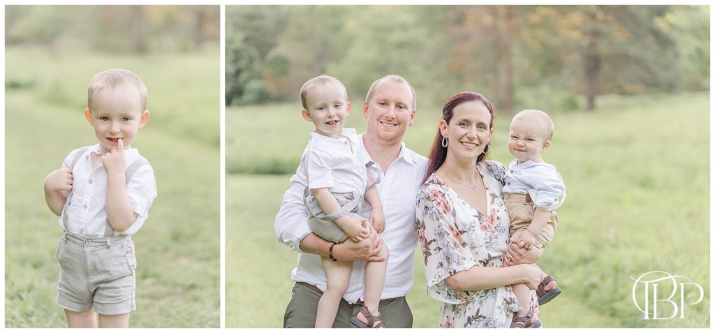 Mom and dad holding two little boys for their spring mini session in Fairfax County, VA taken by TuBelle Photography, a spring minis photographer.