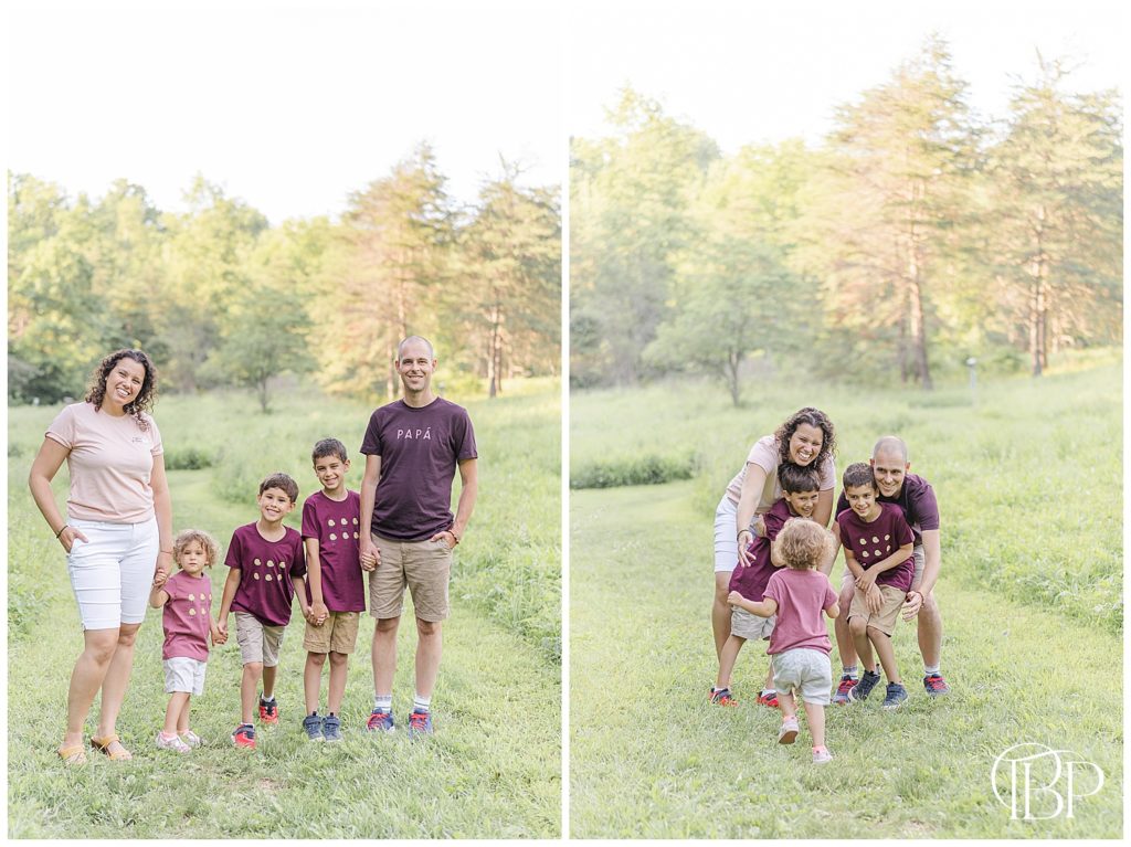 Family of five smiling for their spring minis in Chantilly, VA taken by TuBelle Photography.
