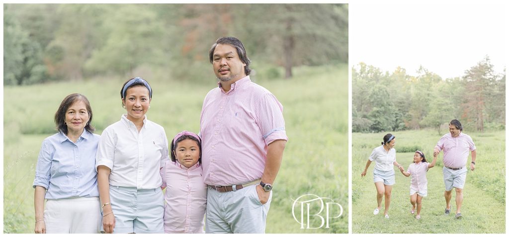 Family of three pose with their grandmother for their spring mini session in Chantilly, VA taken by TuBelle Photography.
