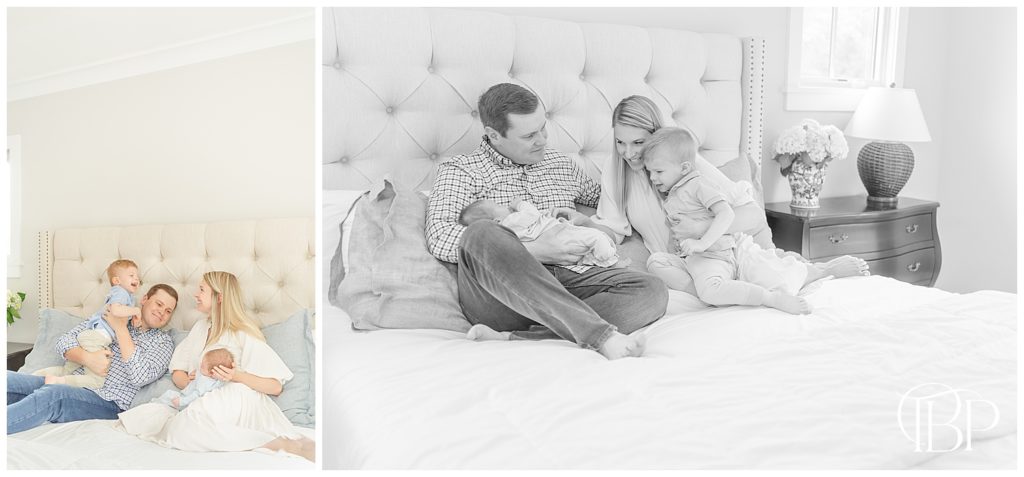 Mom, Dad and big brother look down on newborn baby boy while lying in bed together for in home newborn session in Alexandria, Virginia. Taken by TuBelle Photography, a newborn photographer.