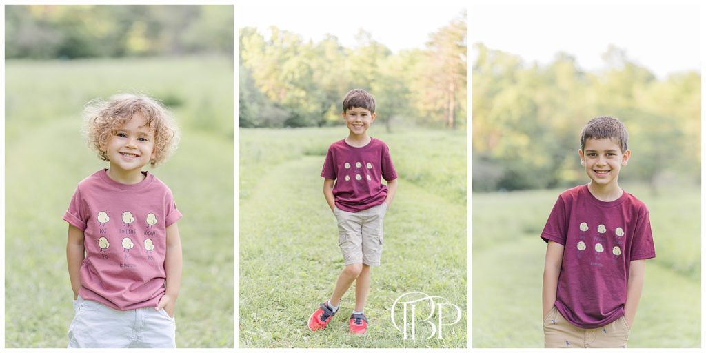 Three kids posing for their spring minis in Chantilly, Virginia taken by TuBelle Photography.