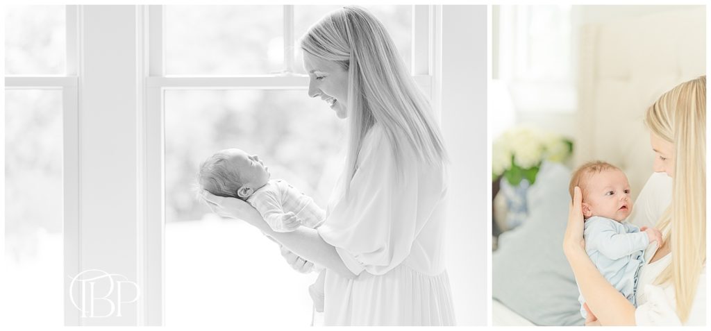 Mom smiling at newborn baby boy for in home newborn session in Alexandria, VA taken by TuBelle Photography.