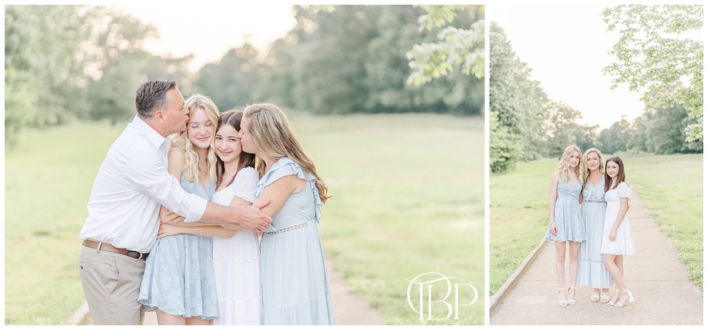 Mom and Dad kissing their teenage girls on the cheek for their spring mini session in Fairfax County, VA taken by TuBelle Photography.