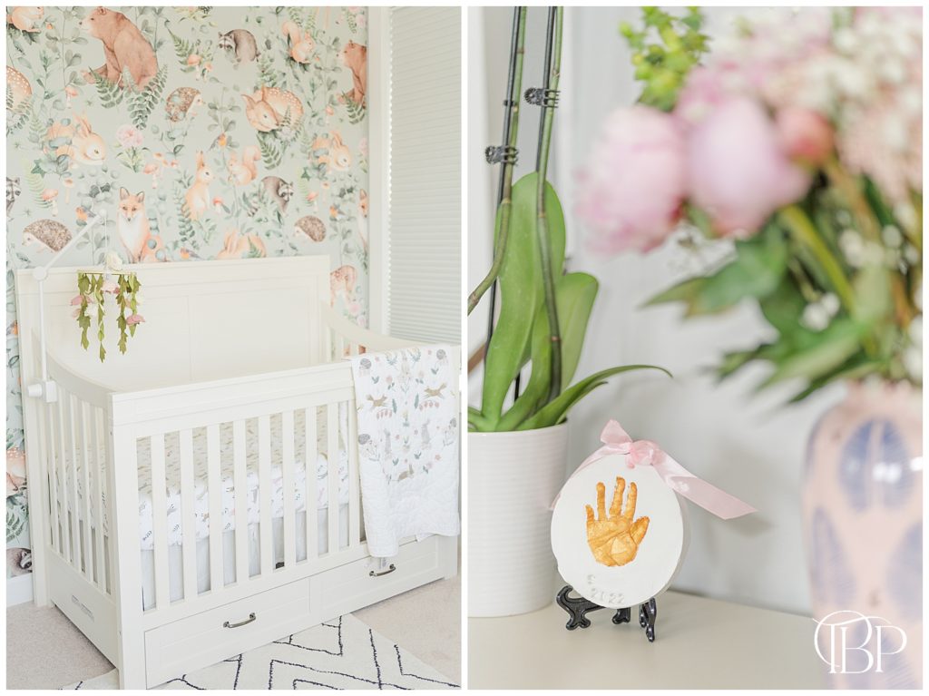 Rose themed nursery taken during lifestyle newborn session by TuBelle Photography, a Centreville, Virginia newborn photographer.